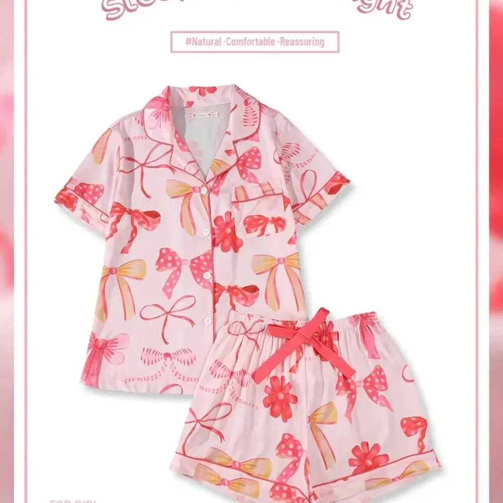 Pink Bow and Floral Print Women's Pajama Set Size XS Romantic Valentine’s Day
